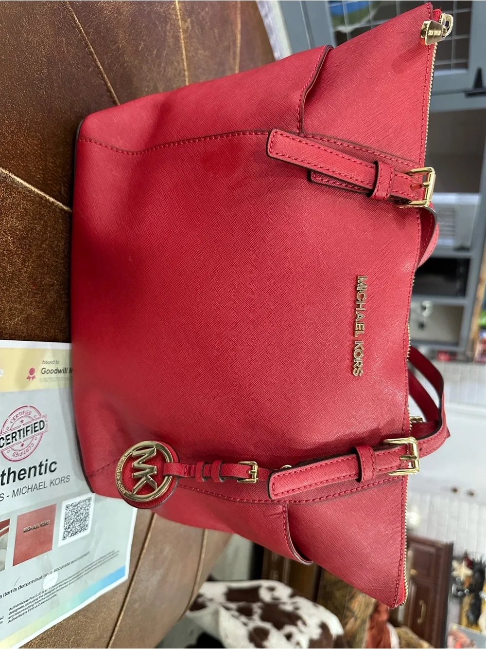 Michael Kors Red Saffiano Tote with Gold MK Charm